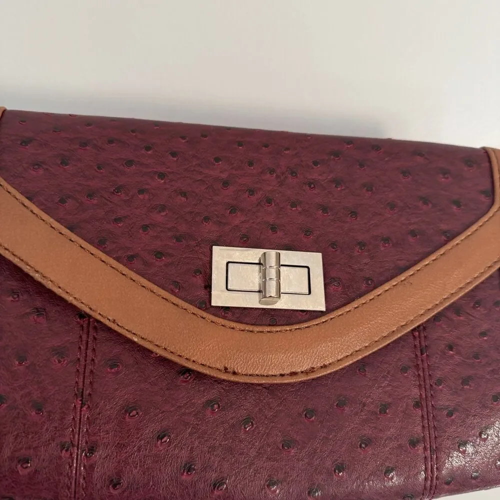 Apt. 9 Clutch Ostrich Embossed Burgundy Tan Vegan Leather Silver Chain Bag Y2K